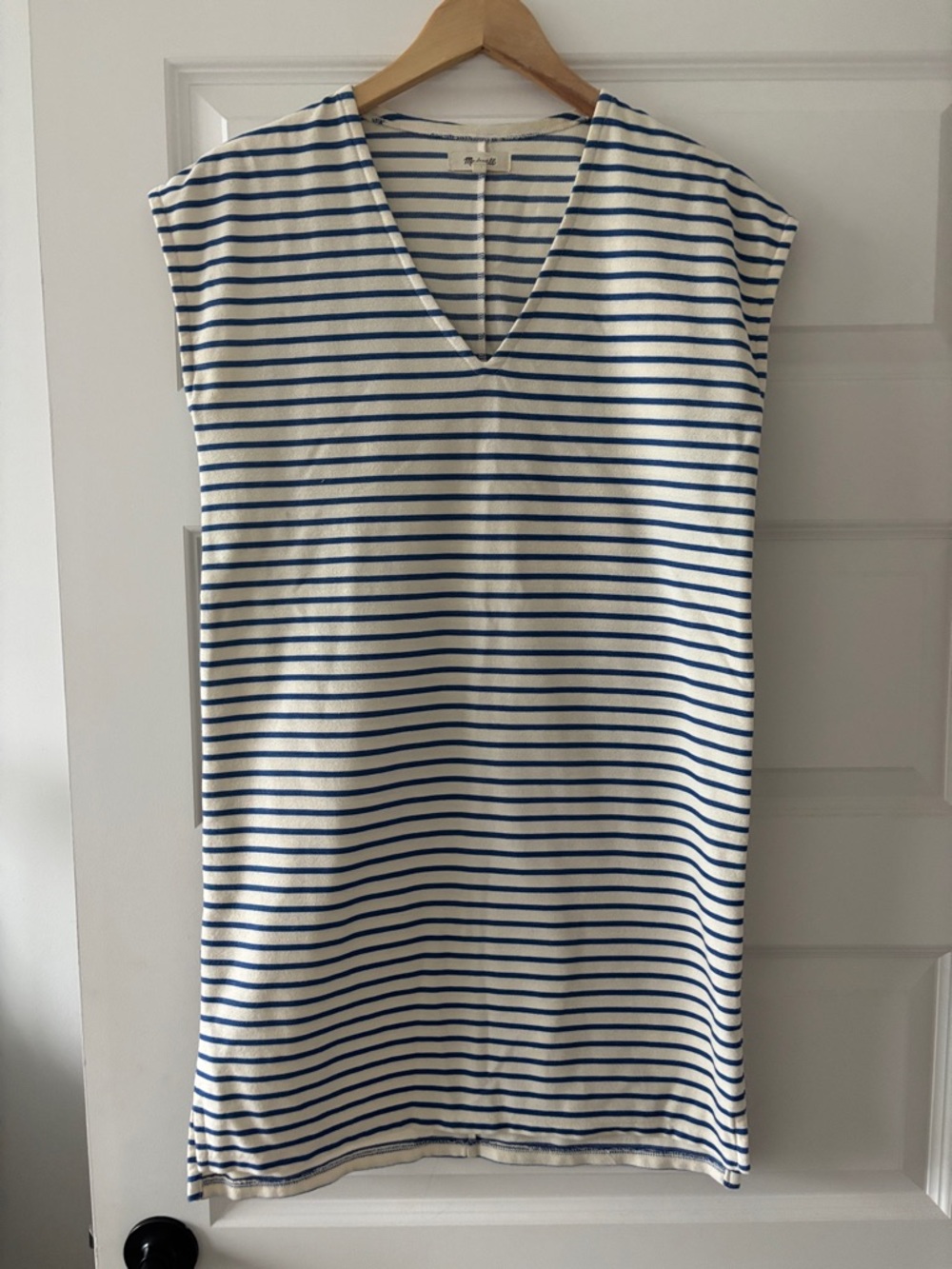 Madewell Tshirt Striped V-Neck Sleeveless Tunic Dress Coverup Vacation blue